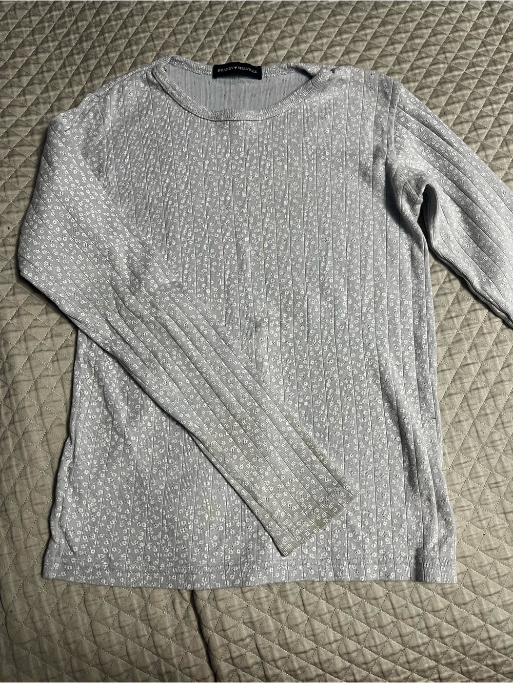 Brandy Melville Light Gray Floral Ribbed Long Sleeve Tee